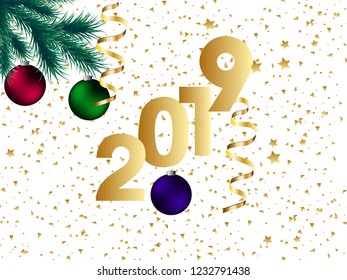 Vector illustration new year card. Christmas tree decorated with a Christmas ball and serpentine.