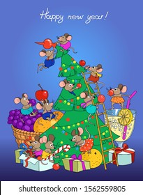 Vector illustration. New Year card with cute cartoon mice that decorate the Christmas tree for the holiday. 2020 eastern horoscope.