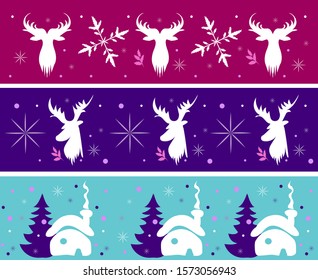 vector illustration new year card with deers, snowflakes and christmas trees
