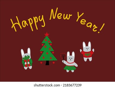 Vector illustration, New Year card template. Funny hares near the Christmas tree.