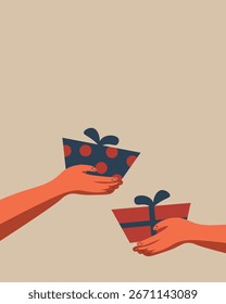 Ilustración vectorial. Tarjeta de Año Nuevo, la gente se da regalos. Año Nuevo, Navidades. Cartel, Anuncio, postal, cubierta.