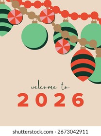 Ilustração vetorial. Cartão de Ano Novo, Natal, brinquedos de árvore de Natal. Cartaz, faixa, cartão postal, capa. Design moderno. Feriados de Ano Novo.