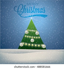 Vector illustration of new year card, winter Christmas snowy street stands a beautifully decorated tree, the New year holiday and Christmas, the inscription merry Christmas