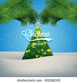 Vector illustration of new year card, winter Christmas snowy street stands a beautifully decorated tree, the New year holiday and Christmas, the inscription merry Christmas