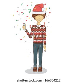 Vector Illustration New Year character boy with a cracker on a white background 