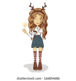 Vector Illustration New Year character girl on a white background with cute antlers on the head