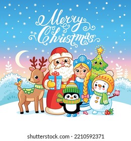 Vector illustration with New Year characters. Christmas card in cartoon style with Santa Claus and Snow Maiden.
