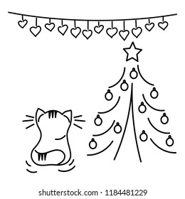 Vector illustration for New year, Christmas. Decorated Christmas tree, garland, cute cat.