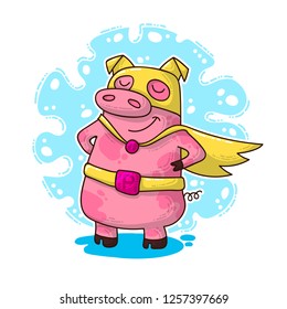 Vector illustration for New Year and Christmas with superhero Pig. Winter greeting design.