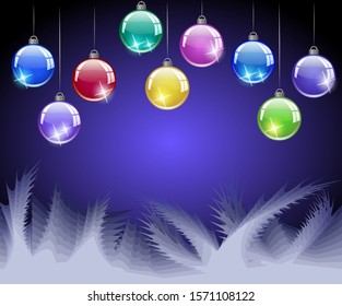 Vector illustration of new year, Christmas frosty pattern and Christmas tree glass balls decoration on holiday for postcard