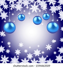 Vector illustration of new year, Christmas card, snowflakes and glass balls as decor for decoration