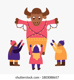 vector illustration. New Year Christmas card. symbol of the year 2021 bull. Fun cute bull with a garland playing with children. 
New Year's party round dance. kid's holiday in winter in hats and coat