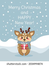 Vector illustration for New Year and Christmas with a cute deer holding a gift box. Ideal for posters, greeting cards, banners, textiles, gifts, shirts, mugs.