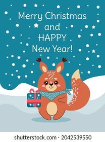 Vector illustration for the New Year and Christmas with a cute squirrel and a gift. New Year's Eve. Ideal for posters, greeting cards, web design, gifts, mugs.