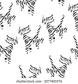 Vektorgrafik. Neues Jahr und Weihnachten nahtloses Muster mit Tiger, chinesisches Symbol von 2022. Tier im flachen Cartoon-Stil. Kinderzeichnung. Zeitgenössische Kunst für Print- und Werbeartikel.