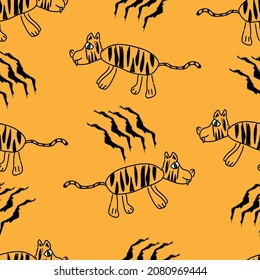 Vector illustration. New Year and Christmas seamless pattern with tiger, Chinese symbol of 2022. Animal in flat doodle style. Children's drawing. Contemporary art for print, advertising products.