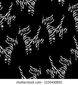 Vector illustration. New Year and Christmas seamless pattern with tiger, Chinese symbol of 2022. Animal in flat cartoon style. Children's drawing. Contemporary art for print, promotional items.