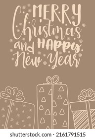 Vector illustration for New Year and Christmas. Hand-drawn image of a cartoon silhouette of gifts in beige shades with an inscription
