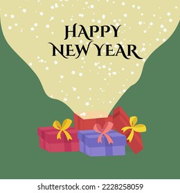 Vector illustration new year and christmas post card. Stars fly out of the gift box.