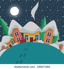 Vector illustration of New Year and Christmas landscape at night in style flat