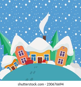 Vector illustration of New Year and Christmas landscape in the day  in style flat