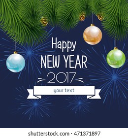 vector illustration of new year and Christmas illustration with Christmas decorations, fireworks, lights christmas Colored Christmas balls hanging from Christmas trees, Inscription happy New year 2017