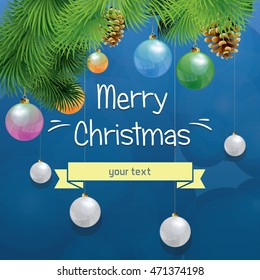 vector illustration of new year and Christmas, with Christmas decorations, fireworks, lights christmas Colored Christmas balls hanging from Christmas trees, Inscription happy Merry Christmas