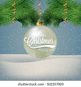 vector illustration of new year and Christmas illustration with Christmas decorations, fireworks, lights,hanging Christmas ball with Christmas tree in the center with the inscription Merry Christmas