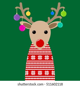 Vector illustration of new year and Christmas deer with red nose in knitted sweater with decorative scandinavian pattern and decor balls 