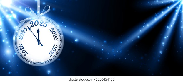 Vector illustration of a New Year clock approaching midnight for 2025, set against a dazzling blue light and starry background.