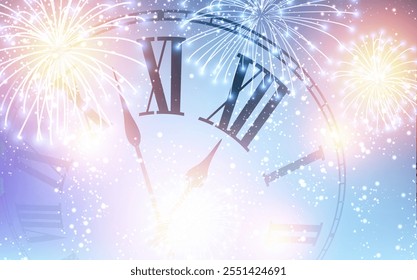 Vector illustration of a New Year clock nearing midnight surrounded by vibrant fireworks and festive sparkles in a colorful sky.