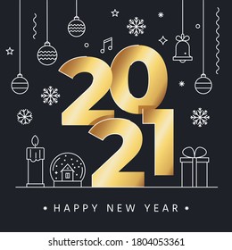 Ilustración vectorial del concepto de Año Nuevo con grandes letras doradas 2021 e iconos de línea navideña. Cartel de felicitación o banner comercial