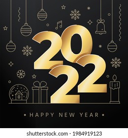 Vector illustration of New year concept with big golden 2022 letters and line Christmas icons. Greeting card or bussiness banner