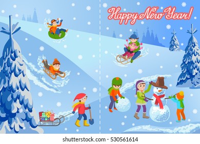 Vector illustration of new year congratulation card with winter landscape happy children playing snowman walking outdoor.