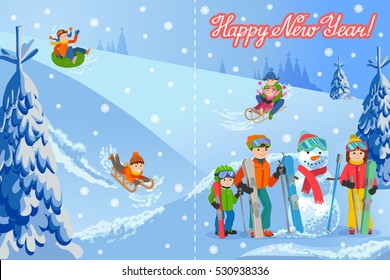 Vector illustration of new year congratulation card with winter landscape happy family playing snowman, skiing, sleding walking outdoor.