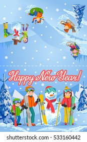 Vector illustration of new year congratulation card with winter landscape happy family playing snowman, skiing, sleding walking outdoor.