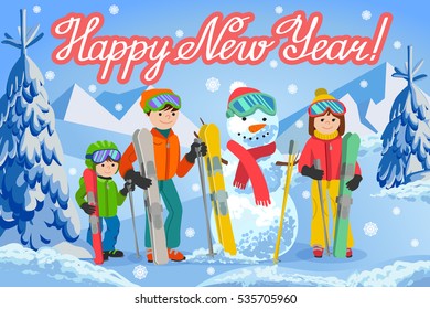 Vector illustration of new year congratulation card with winter landscape happy family playing snowman, skiing, walking outdoor.