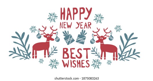 vector illustration of new year content with deer, snow and floral