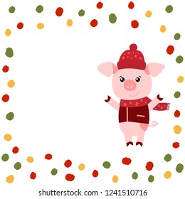 Vector illustration for new year with cute Pig in red hat on background with confetti. Zodiac symbol of 2019 New year. Cute design useful for invitations, Christmas card, poster.