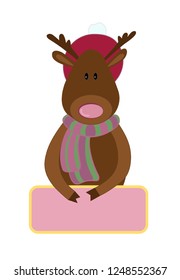 Vector illustration new year deer. Christmas deer. Deer with a sign. 
Deer in Christmas hat. Fairytale fawn in a scarf.