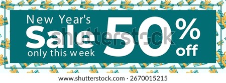 Vector illustration of a New Year discount coupon for 50% off, with the text written in white on a dark green background, and a seamless pattern of colorful wrapped gift boxes with bows.