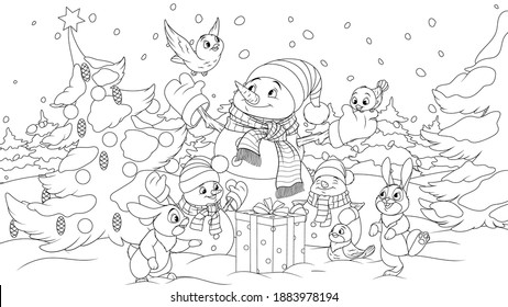 Vector illustration, new Year in the forest snowman and little animals, coloring
