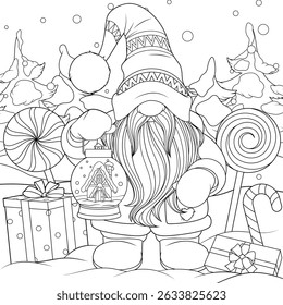 Vector illustration, new year funny gnome with gifts, coloring