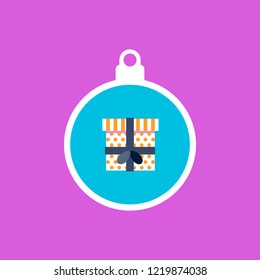 Vector illustration of new year gift box on purple background. Colorful gift box in the Christmas ball. Christmas holidays design. Flat style. For Christmas, New Year, holidays, shopping, birthday.