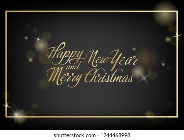 Vector illustration of new year Greeting card. Christmas holiday banner with confetti and glitter 2019. Dark shine background.