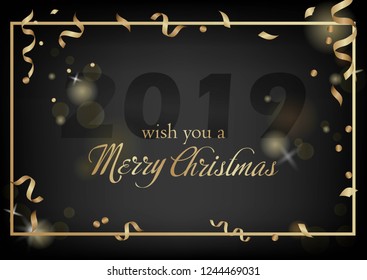 Vector illustration of new year Greeting card. Christmas holiday banner with confetti and glitter 2019. Dark shine background.