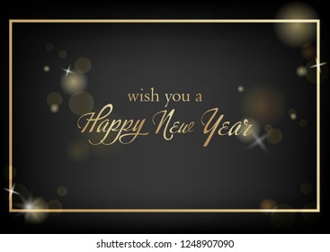 Vector illustration of new year Greeting card. Christmas holiday banner with confetti and glitter 2019. Dark shine background.