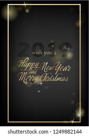 Vector illustration of new year Greeting card. Christmas holiday banner with confetti and glitter 2019. Dark shine background.