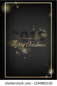 Vector illustration of new year Greeting card. Christmas holiday banner with confetti and glitter 2019. Dark shine background.