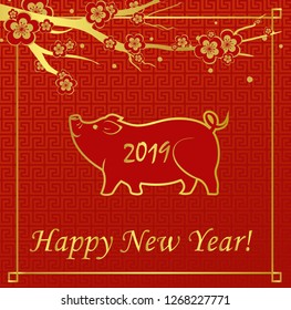Vector illustration New Year greeting card with golden pig on red background. Happy New Year 2019. Chinese New Year concept.